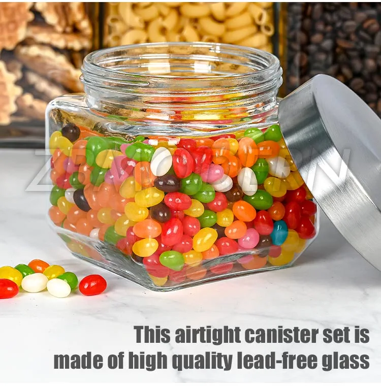 4 PCS Kitchen Airtight Food Storage Containers Square Glass Storage Jar Labels Marker Stainless Steel Lid