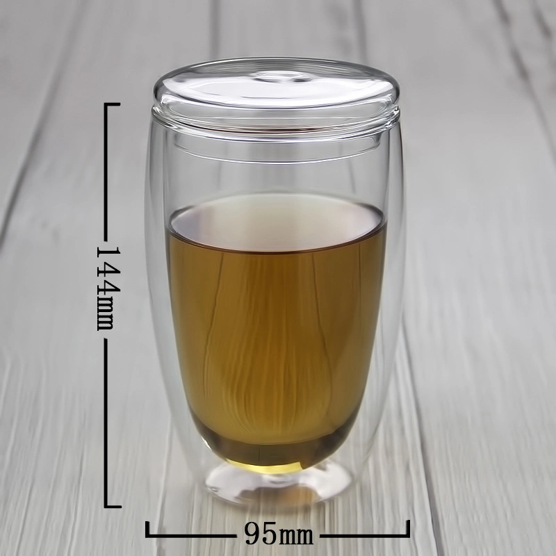 Double Wall Glass Coffee Beer Wine Tea Mug Cup with Bamboo Lid and Glass Lid