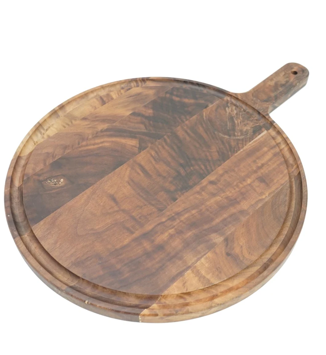 Round Wood Cutting Board Cheese Serving Tray and Charcuterie Platter with Juice Drip Groove