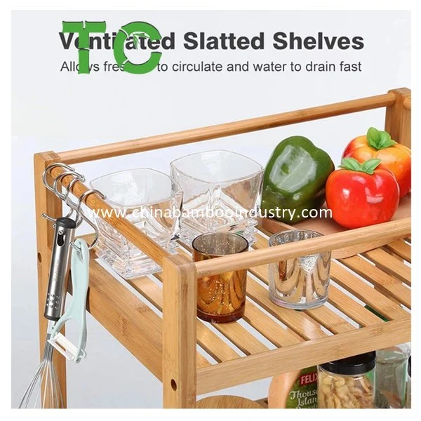 Wholesale 3-Tier Bamboo Kitchen Cart Rolling Wood Storage Organizer Mobile Utility Cart Wooden Kitchen Trolley