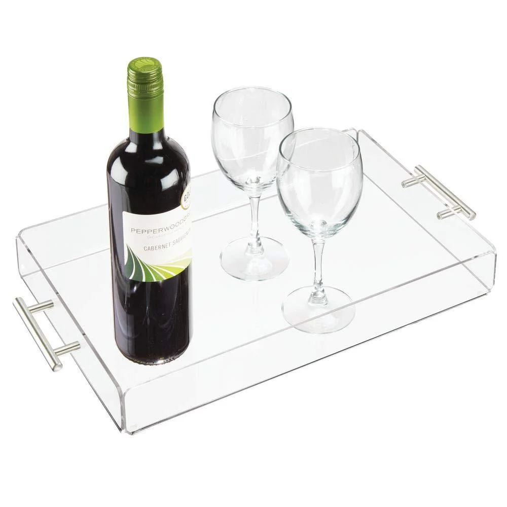 Clear Acrylic Serving Tray with Metal Handles, Spill-Proof, Stackable Organizer, Food & Drinks Server, Lucite Storage