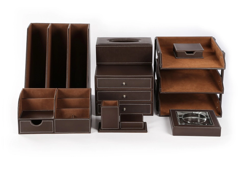 Office Organizer Stationery Brown Leather Desktop Organizer Office Desk Set