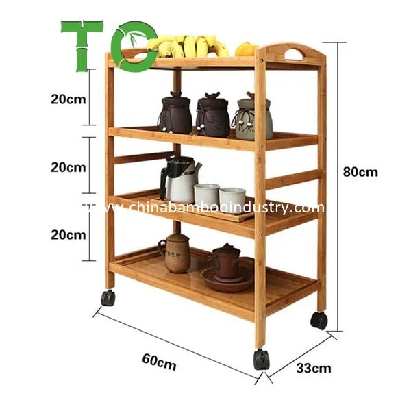 Wholesale 4-Tier Bamboo Kitchen Trolley Kitchen Storage Serving Cartwith Caste