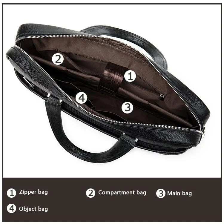 Manufacturer Wholesale Custom Logo Expandable Black Cowhide Leather Handbag Briefcase for Man