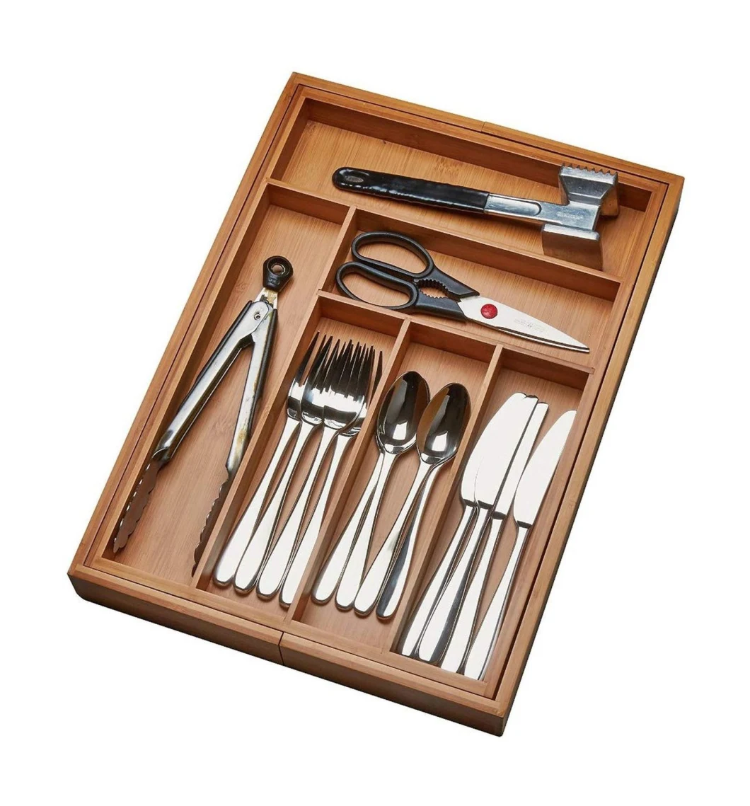 Dynamic Gear Bamboo Expandable Drawer Organizer, Premium Cutlery and Utensil Tray, Perfect for The Kitchen, Bathroom, Desk, etc