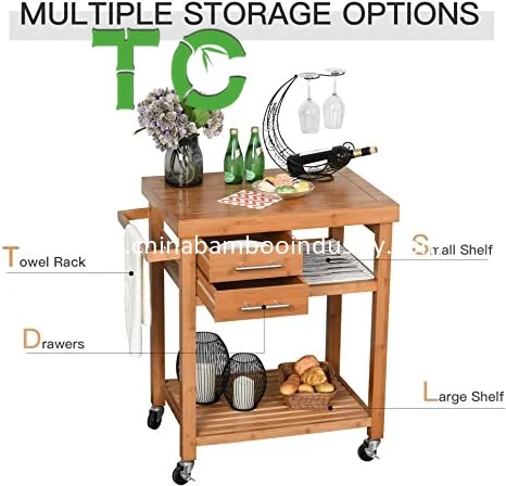Wholesale Bamboo Rolling Kitchen Island Trolley Utility Cart with 2 Storage Drawers Bamboo Kitchen Island Cart