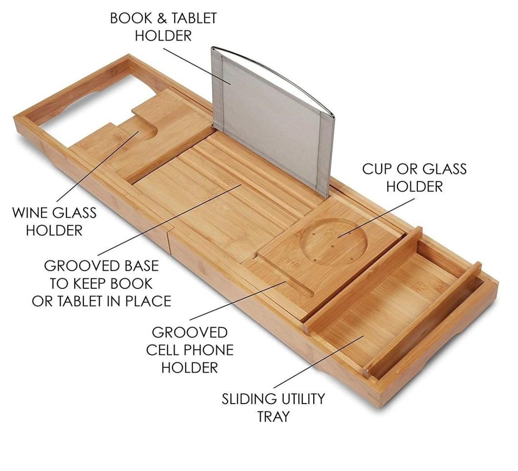 Bathtub Caddy Tray with Bamboo Wood Book Tablet Glass Holder Free Soap Dish+Dispenserbt-6027