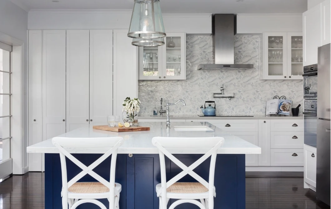 Good Price Fashionable PVC Membrane Quartz Stone Blue and White Kitchen Cupboard White Shaker Kitchen Cabinets