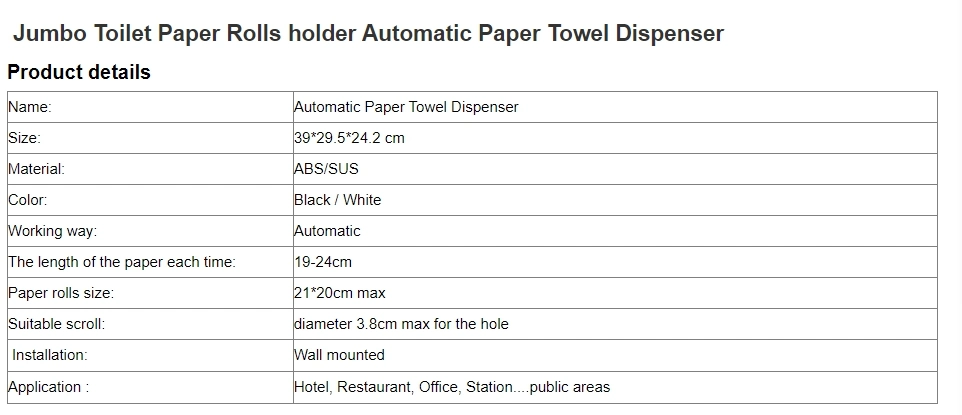 Jumbo Toilet Paper Rolls Holder Automatic Paper Towel Dispenser