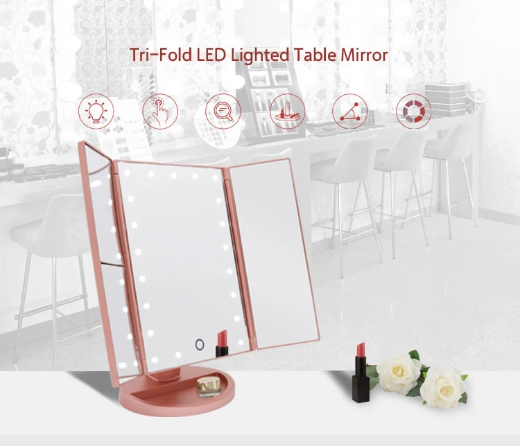 Rose Gold Makeup Storage Groove Table Standing Mirror 