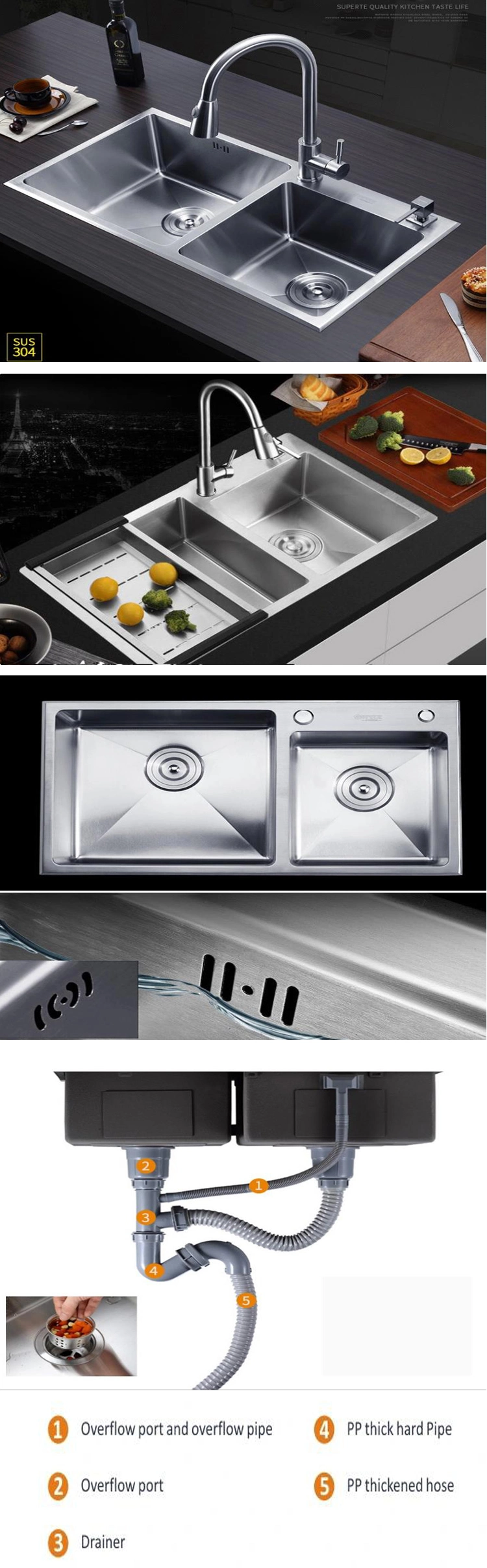 Large Stock Top Quality Multifunction Asia Stainless Steel Kitchen Sink with Drainer Rack