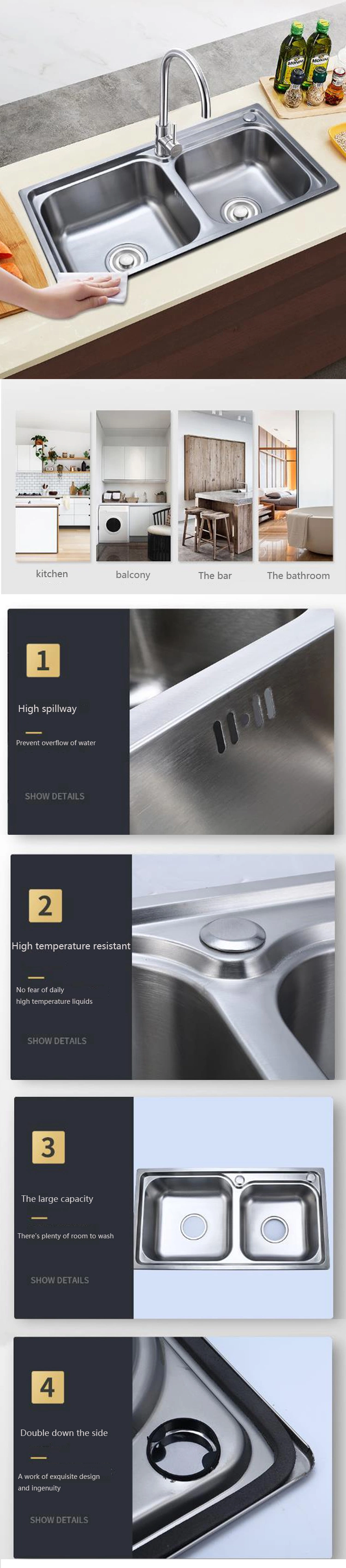 Best Selling Luxury Style Handmade Stainless Steel Kitchen Sink Double Bowl Silver Kitchen Sink