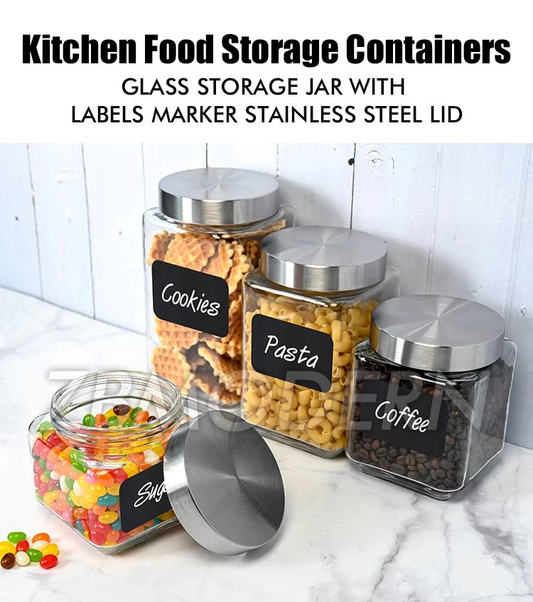 4 PCS Kitchen Airtight Food Storage Containers Square Glass Storage Jar Labels Marker Stainless Steel Lid