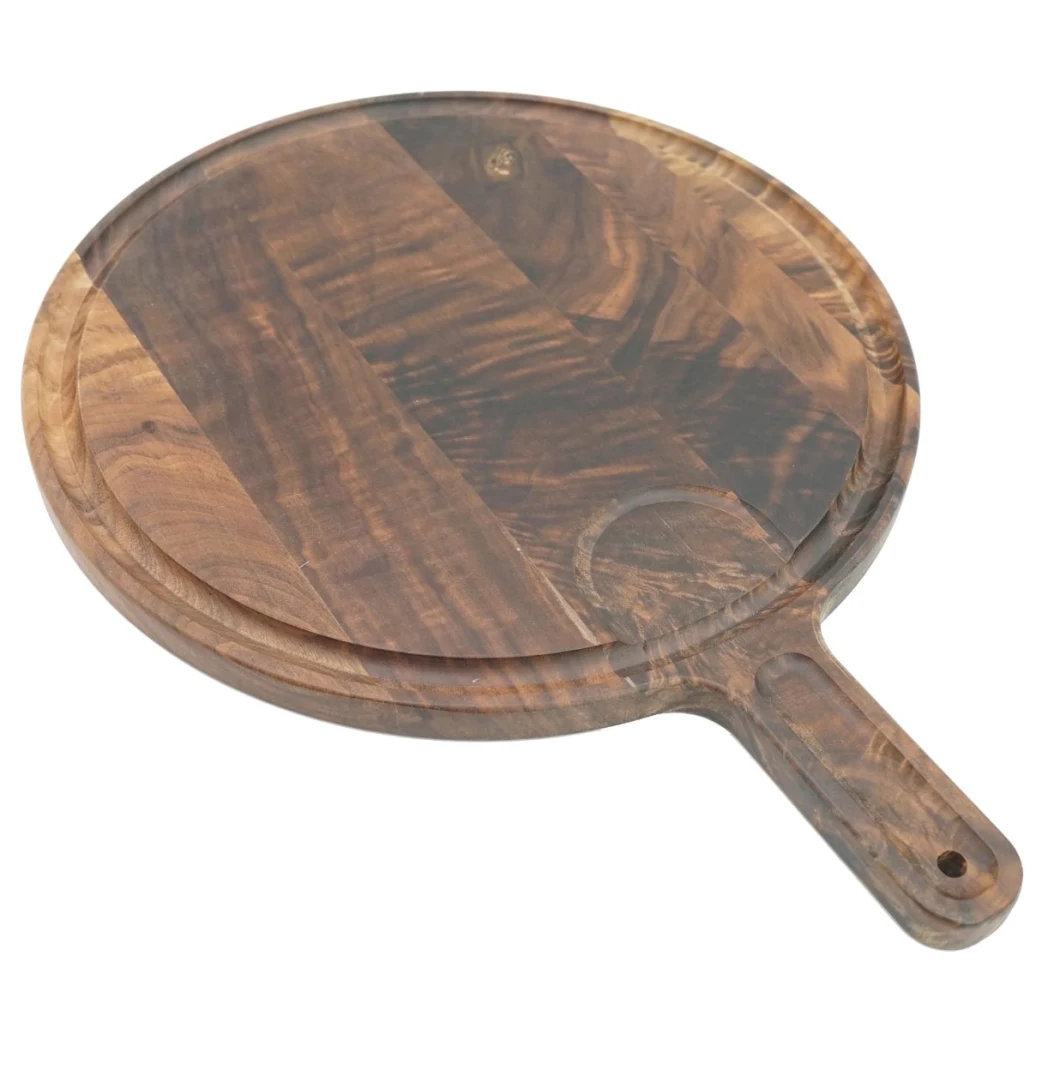 Round Wood Cutting Board Cheese Serving Tray and Charcuterie Platter with Juice Drip Groove
