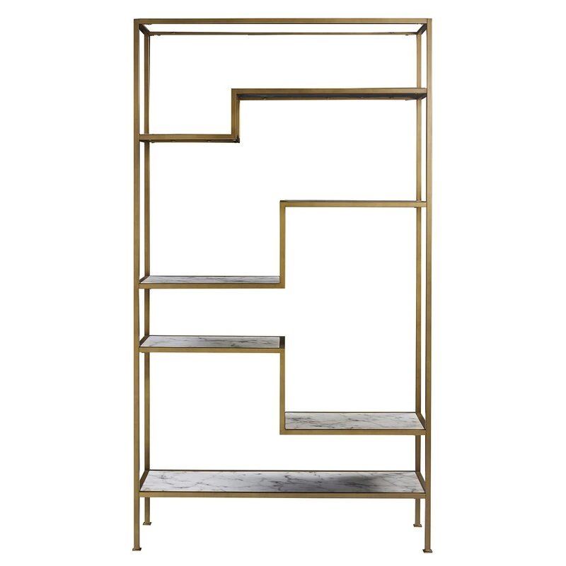 Home Furniture Antique Modern Marble Geometric Bookcase Shelf with Golden Metal Shelf for Living Room