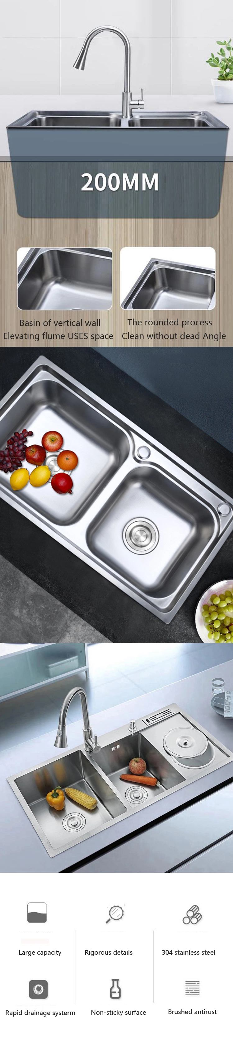 Large Stock Top Quality Multifunction Asia Stainless Steel Kitchen Sink with Drainer Rack