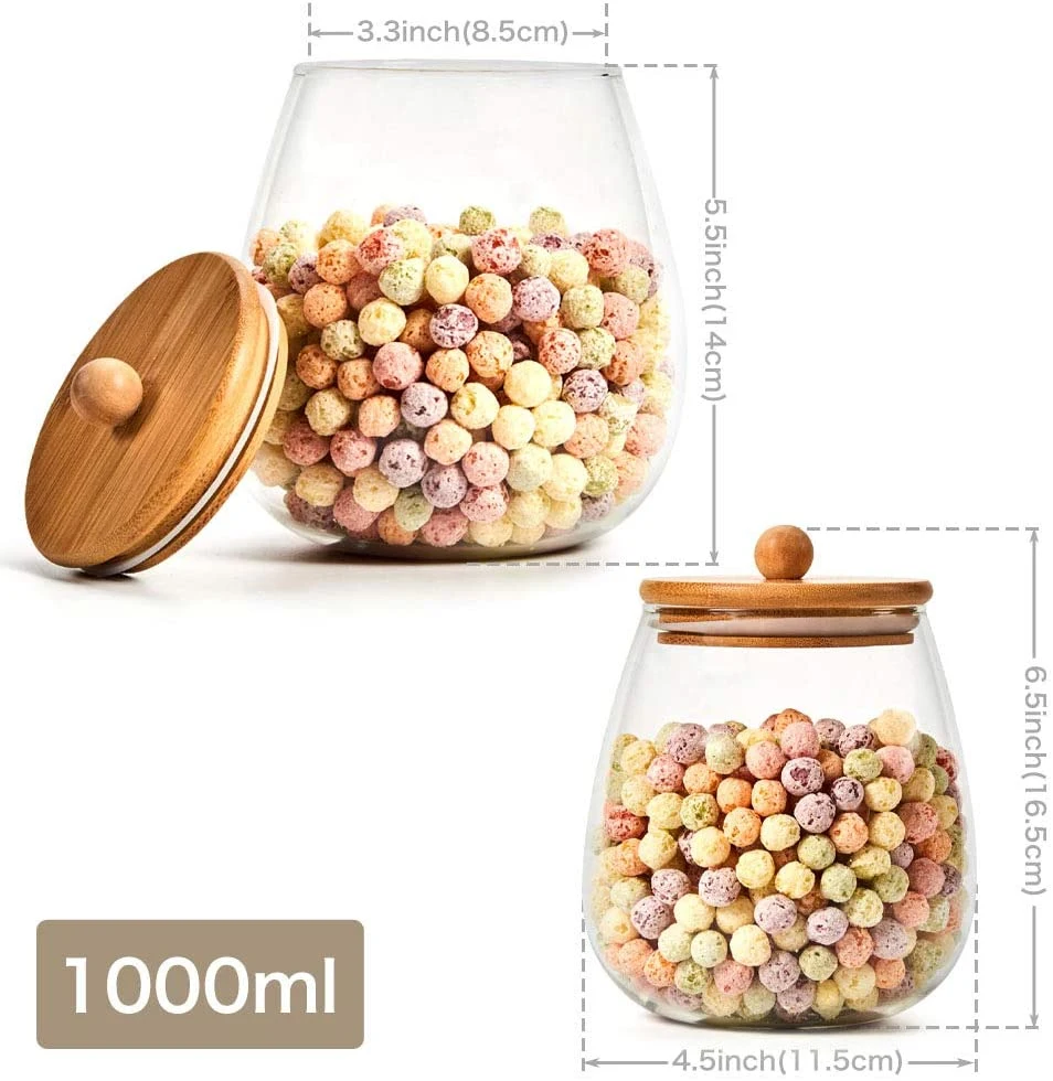 1000ml Round Clear Glass Jars Air Tight Decorative Canister Kitchen Food Storage Container Set
