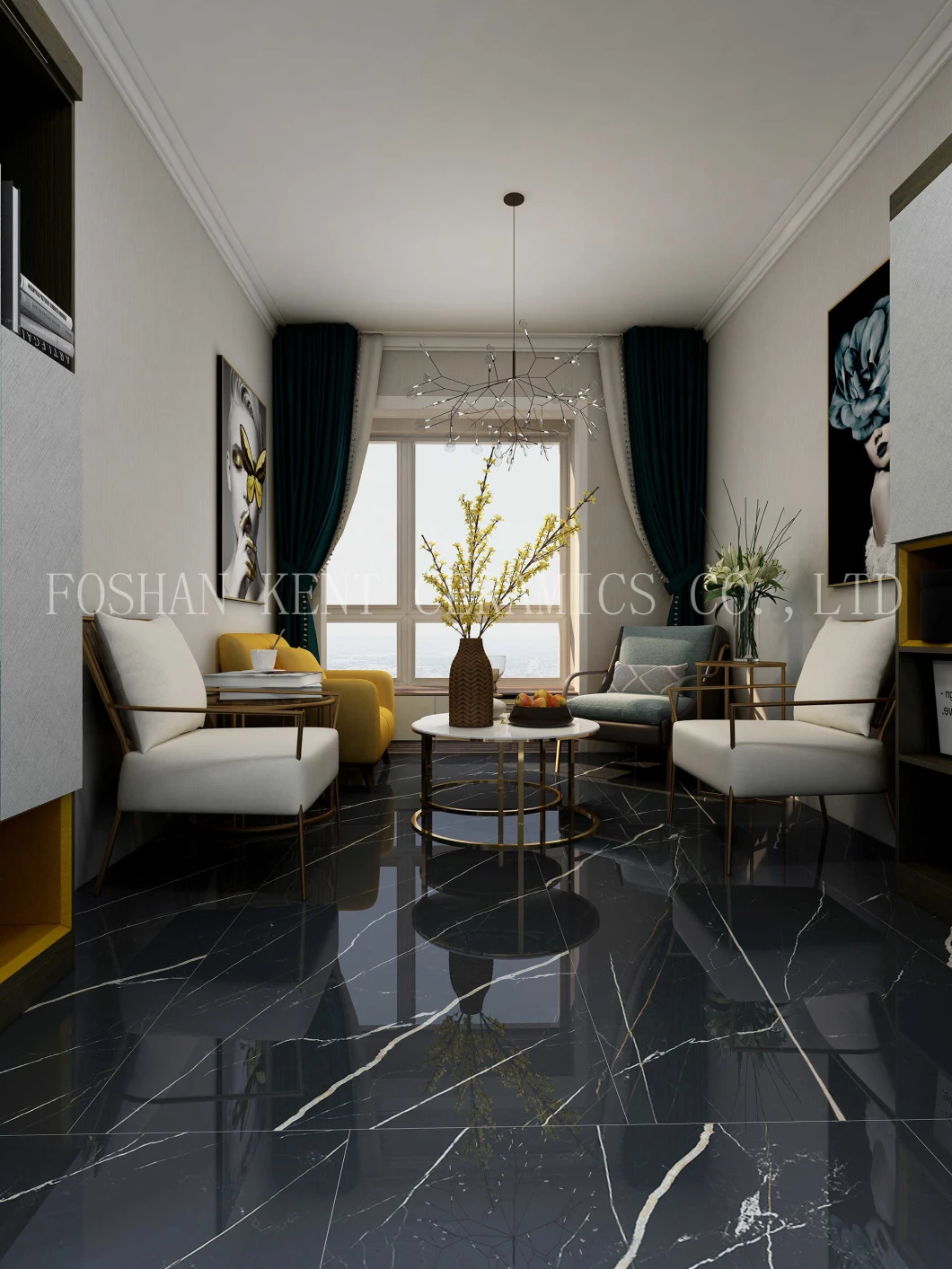 Dark Color Black 900*1800mm Large Floor Wall Marble Look Glossy Vitrified Porcelain Tile