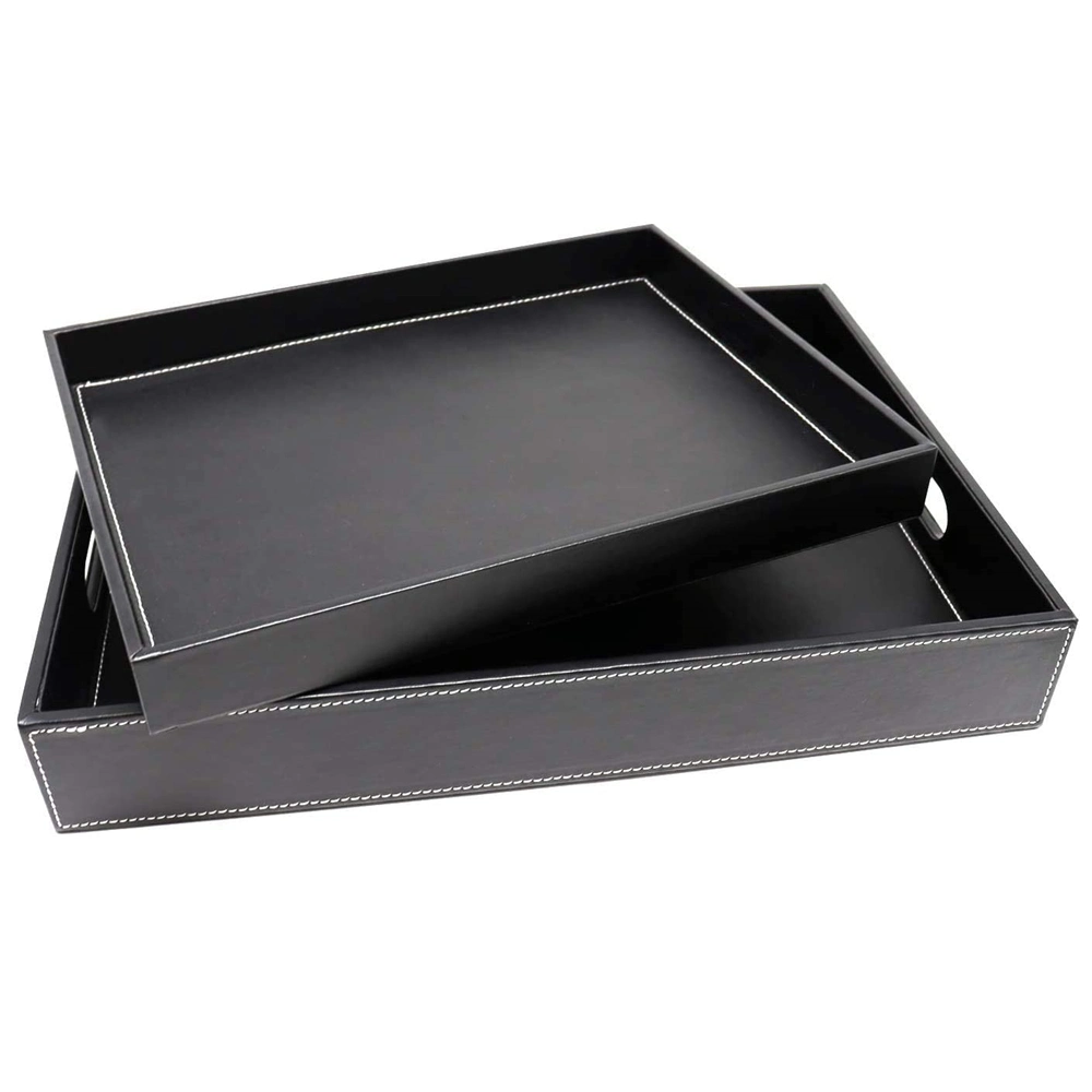 Table Countertop Storage Organizer Hotel Use PU Leather Decorative Black Serving Tray with Handles