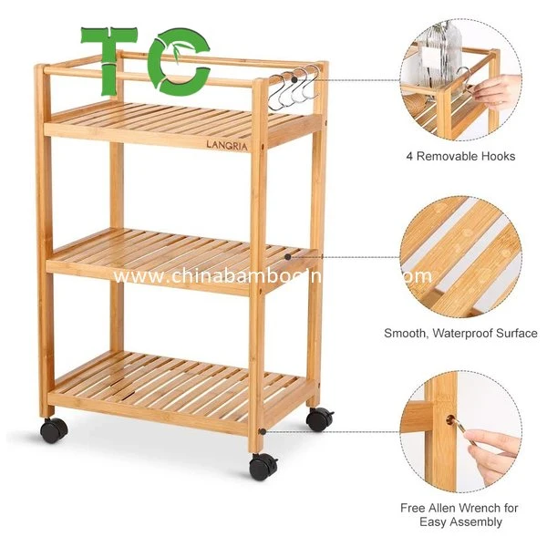 Wholesale 3-Tier Bamboo Kitchen Cart Rolling Wood Storage Organizer Mobile Utility Cart Wooden Kitchen Trolley