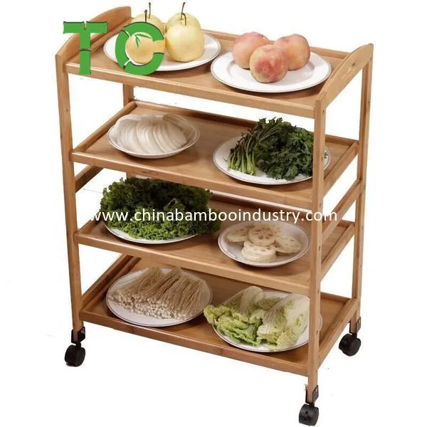 Wholesale 4-Tier Bamboo Kitchen Trolley Kitchen Storage Serving Cartwith Caste
