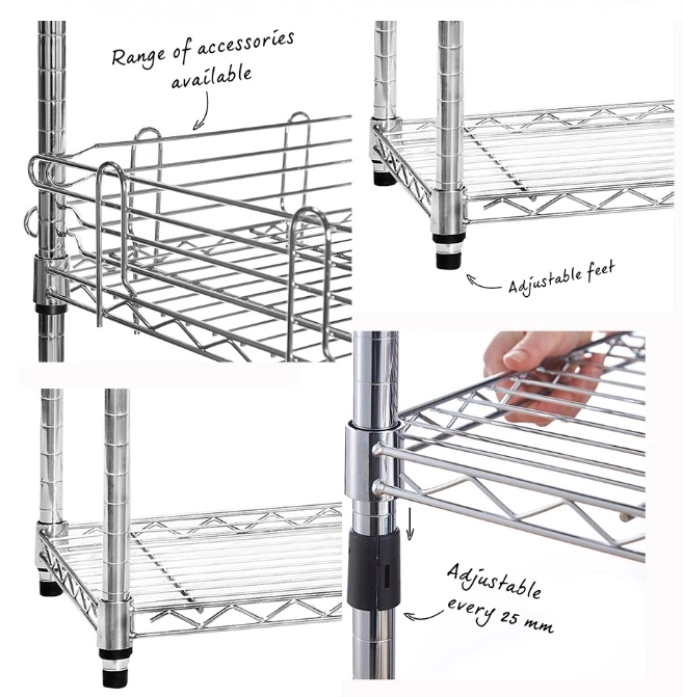 4 Layers Chrome Coated Stainless Steel Wire Rack Adjustable Shelving