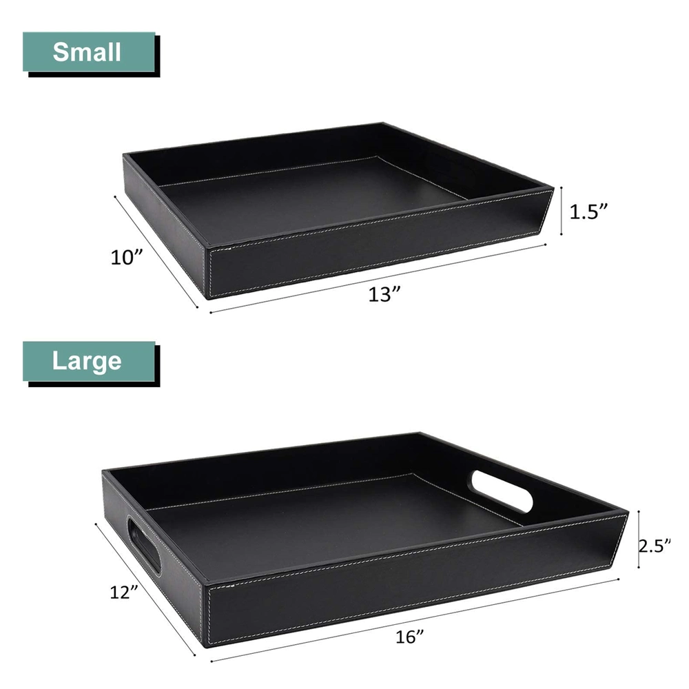 Table Countertop Storage Organizer Hotel Use PU Leather Decorative Black Serving Tray with Handles