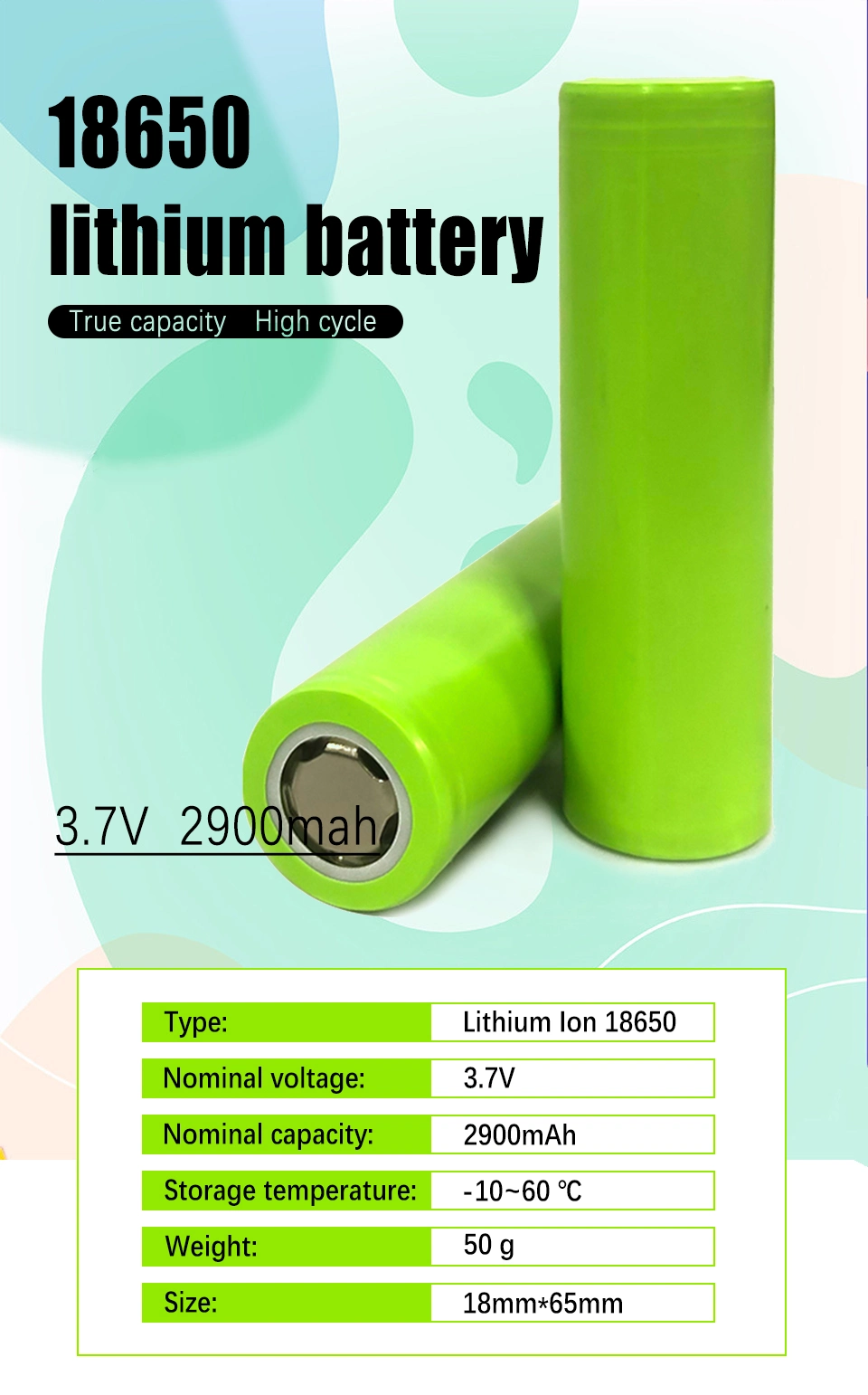 High Quality 3.7V 2900mAh Li-ion 18650 Cylindrical Battery Cells