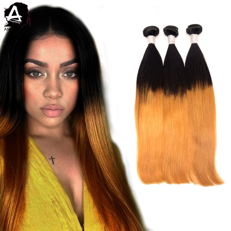 Angelbella Silk Straight Hair Weave Two Tones 1b#-30# Brazilian Human Hair Weave for Party