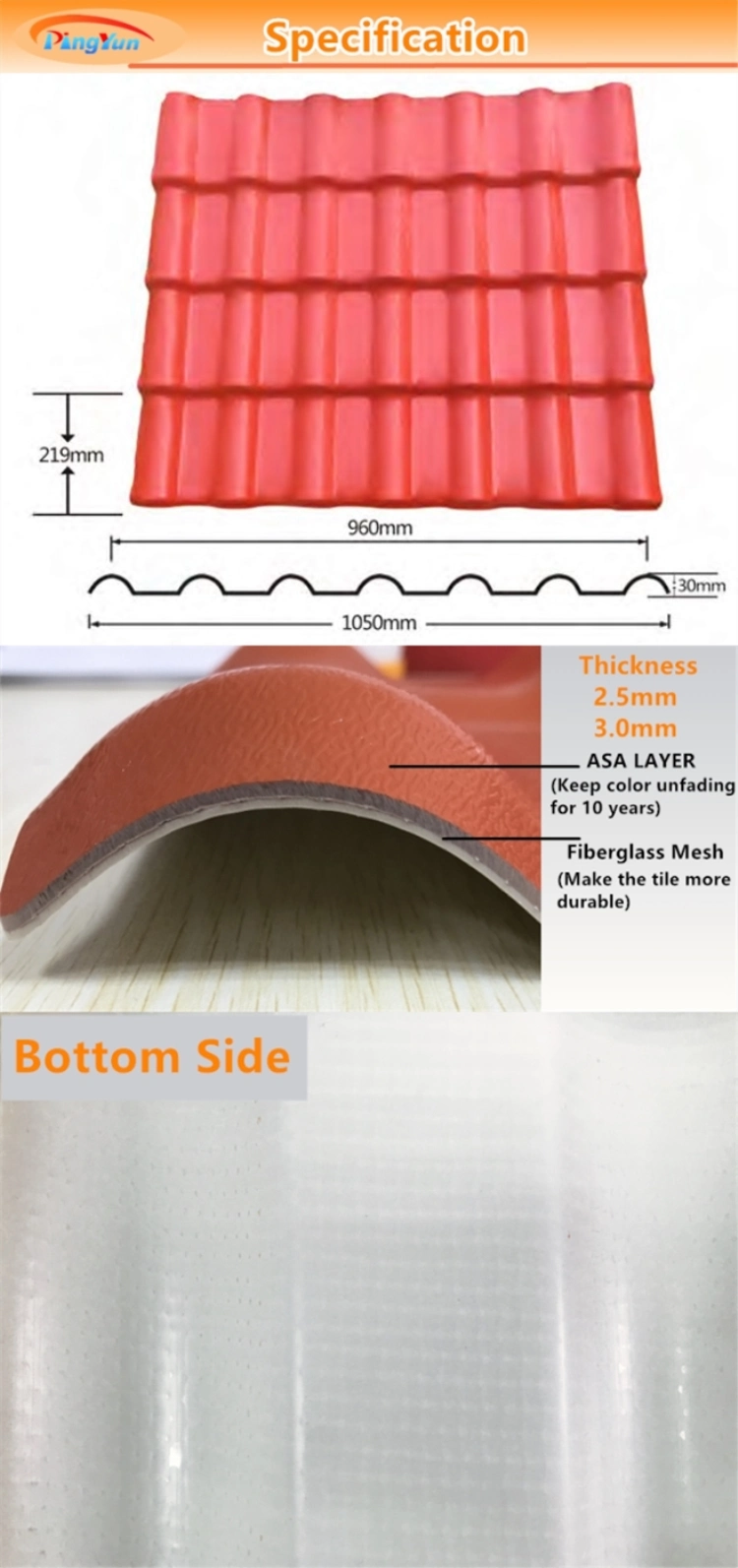 Synthetic Resin Waterproof PVC Roofing Tile with ASA Coated for Villas