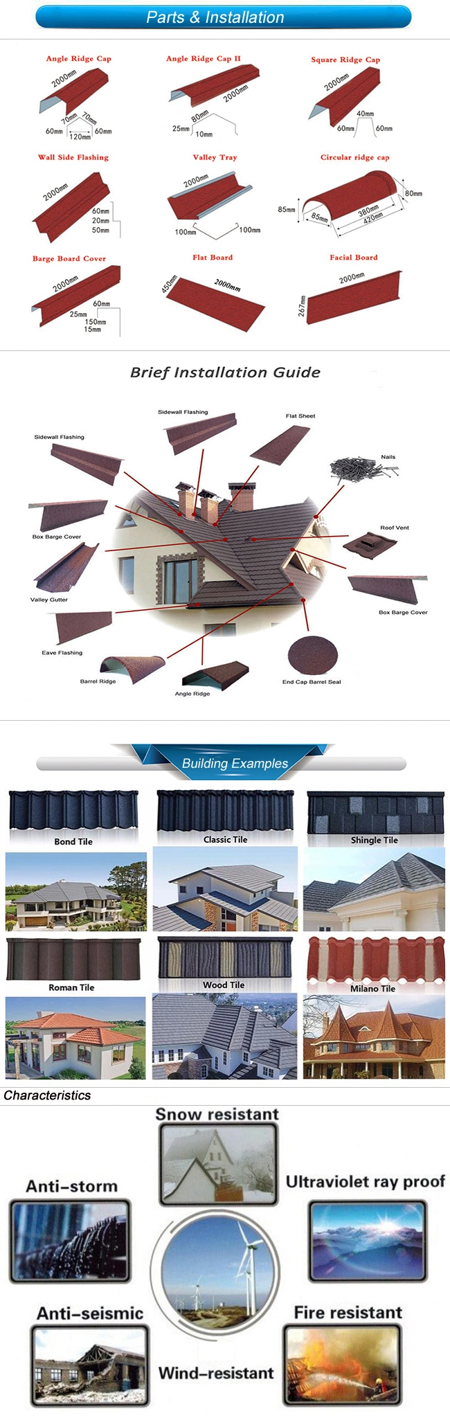 Heat Insulation Corrosion Resistant Roofing Materials Stone Coated Flat Tile