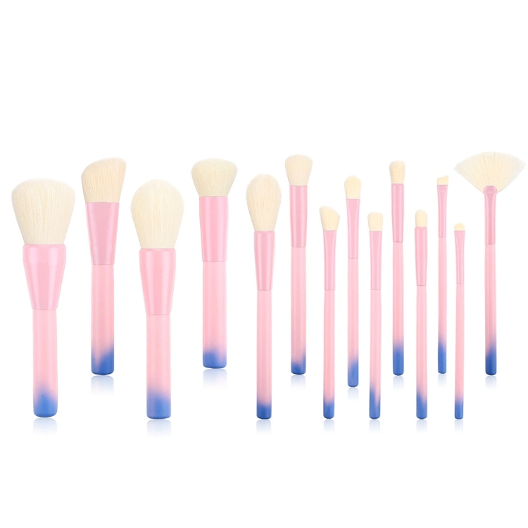 14PCS Pink Blue Gradient Synthetic Foundation Powder Concealer Eye Shadows Makeup Brush Set