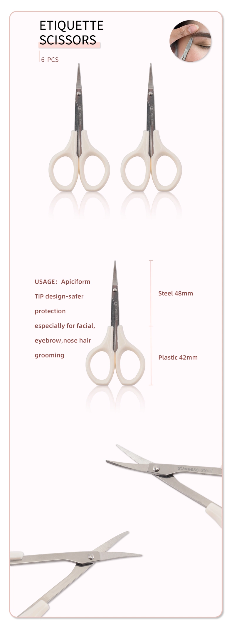 Wholesale Stainless Steel High Quality Eyebrow Beauty White Eyebrow Scissors