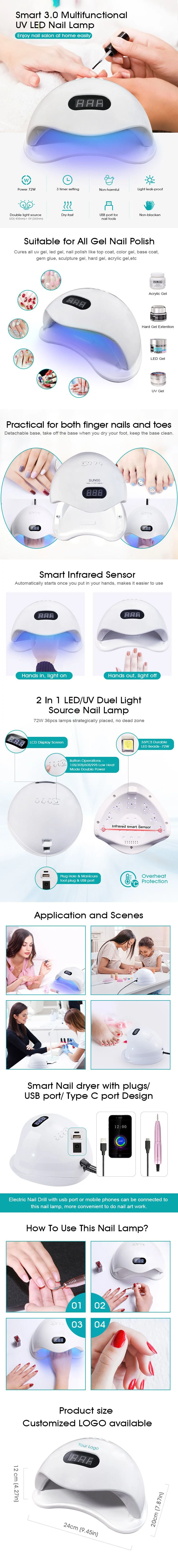 Professional Custom Wireless Manicure Nail Polish UV LED Dryer UV Nail Lamp 72W