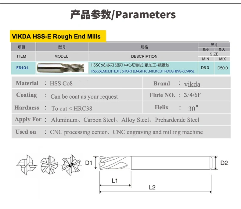 Vikda Cutting Tools-HSS M42/HSS Co8% Ticn Coating Roughing-Fine Milling Cutter