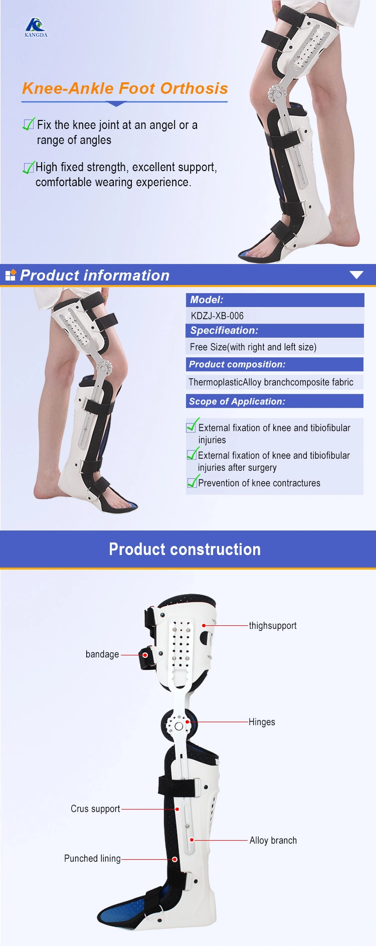 Thermoplastic Orthopedic Rigid Splint Corrective Knee Ankle Foot Orthosis Fixed Brace