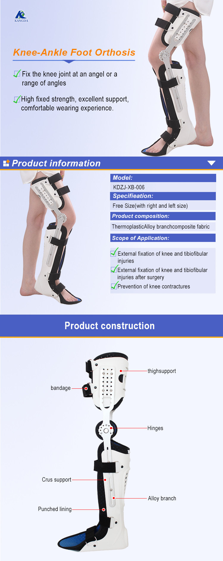 Low Price Adjustable Medical Knee Ankle Foot Brace Support Orthosis for Physiotherapy Equipment