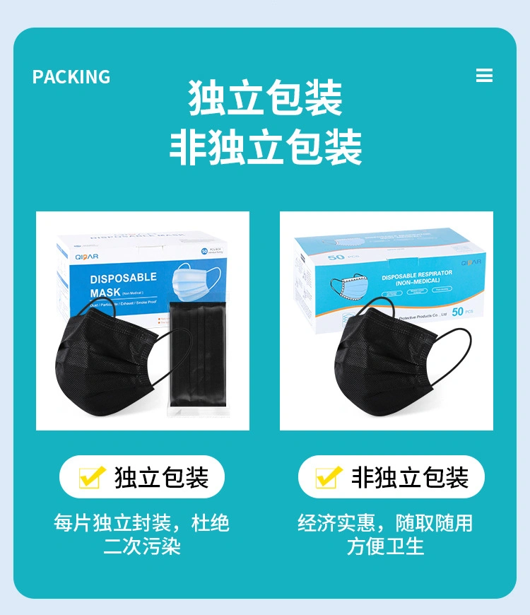 Factory Sell Colorful Face Mask Black 3 Ply Non Woven Disposable Civil Face Mask Skin Care and Waterproof, Dust Proof