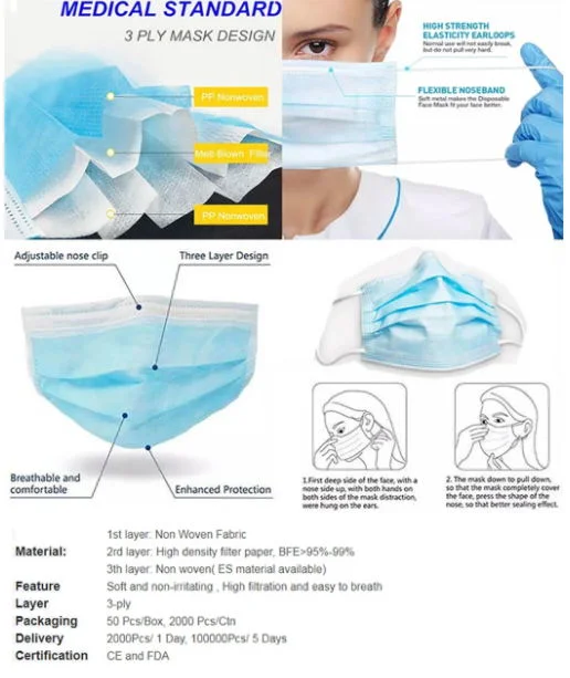 Disposable Protective 3ply Non-Woven Fabric Protection Face Mask Face Mask