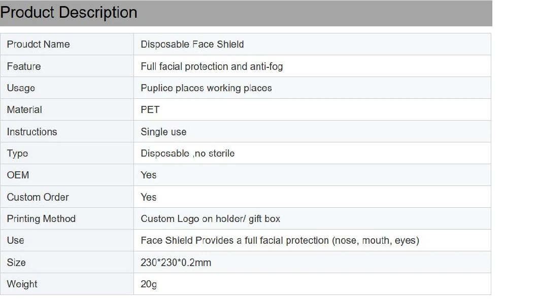 Factory Direct Sale Protective Face Shield Made in China Face Mask Isolation Face Shield