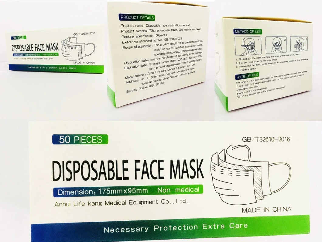 Disposable 3-Ply Face Mask for Personal Health Non-Woven and Melt Blown Fabric