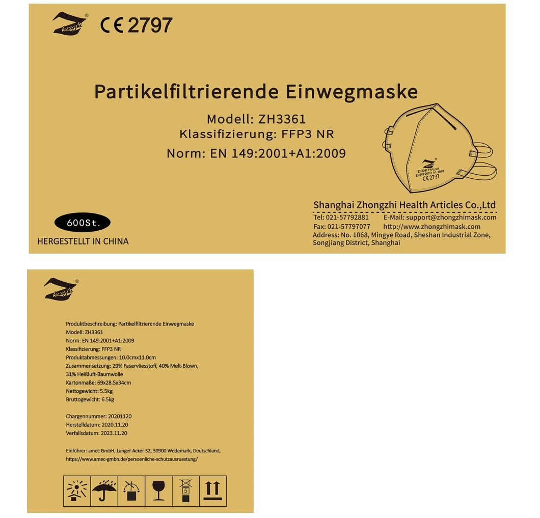 CE En149 Disposable FFP3 Particulate Filter FFP3 Facemask