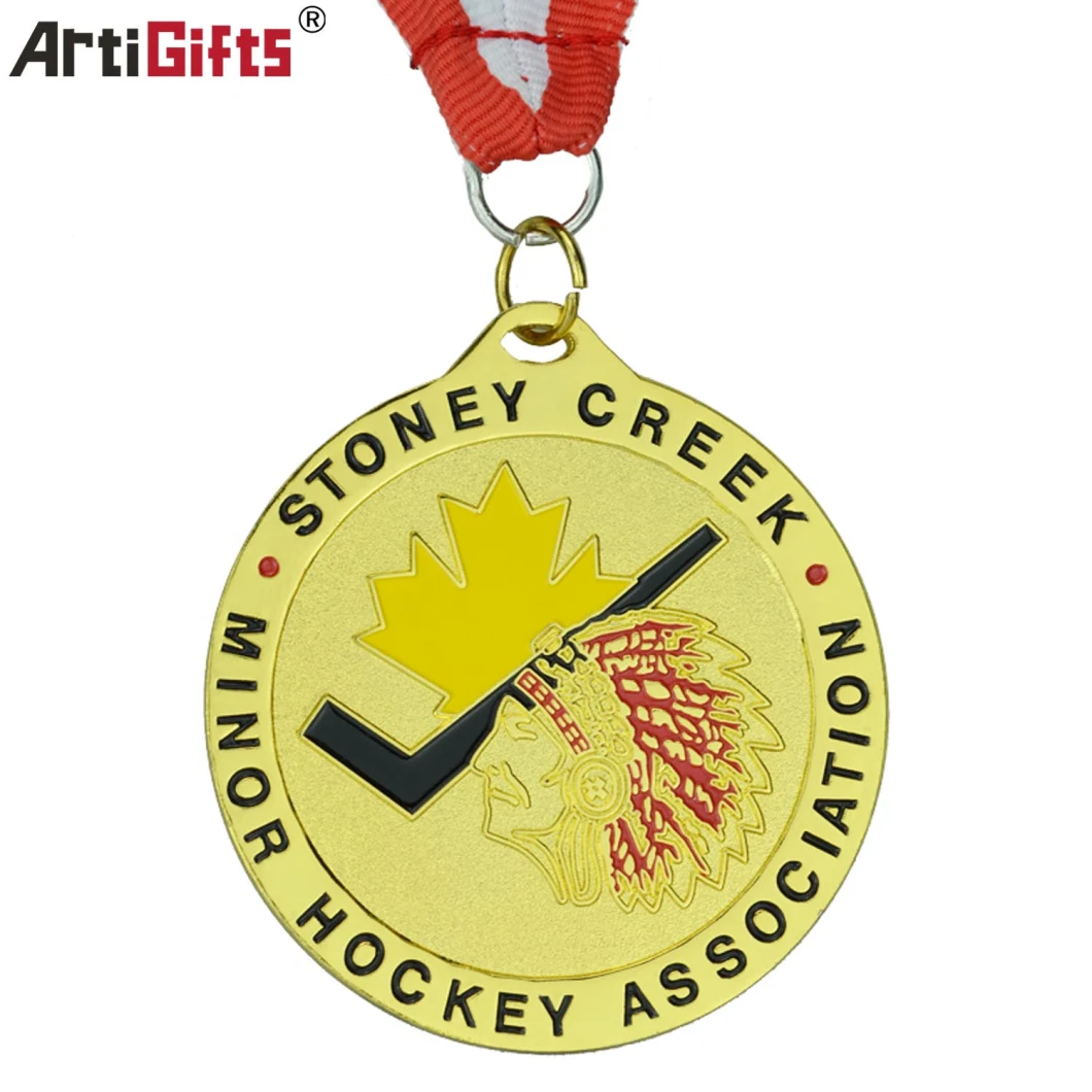 Plated Gold Metal Minor Hockey Medals with Ribbon