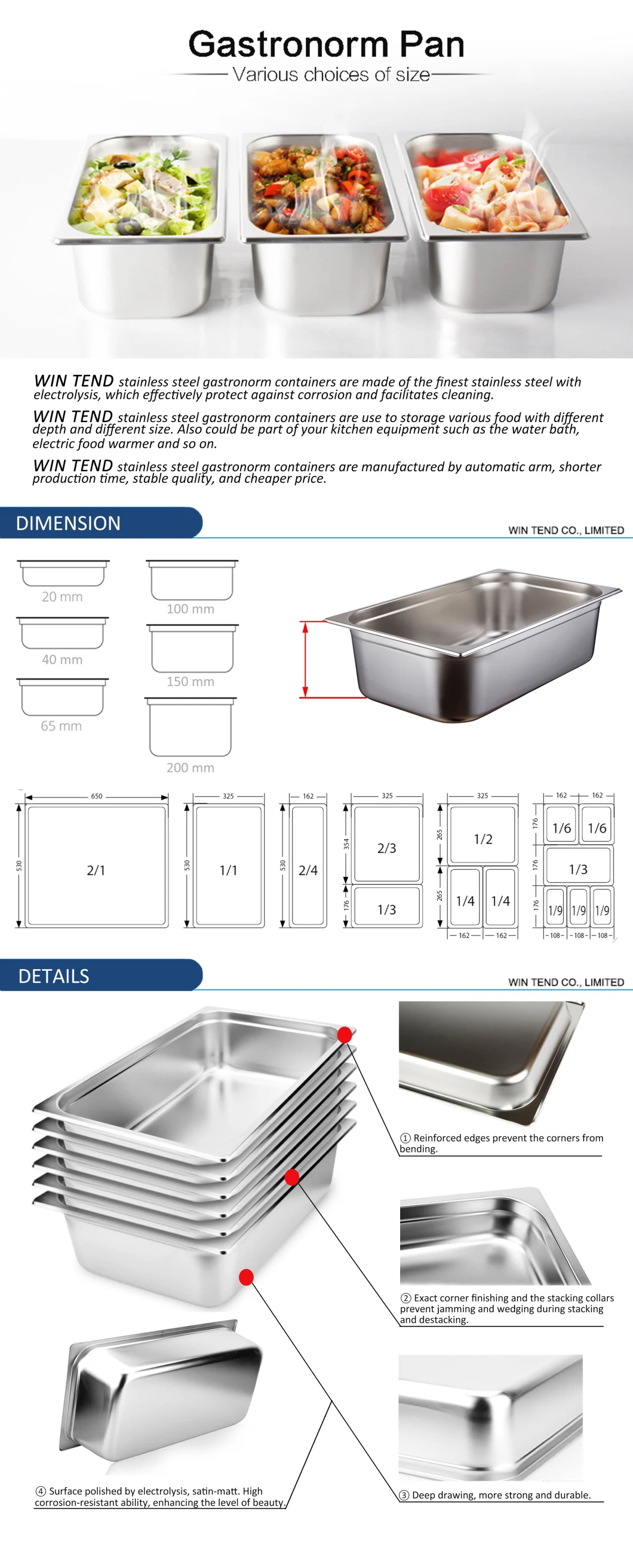 Us Straight Body 1/4 Stainless Steel Food Container Gn Pan Tray for Kitchen