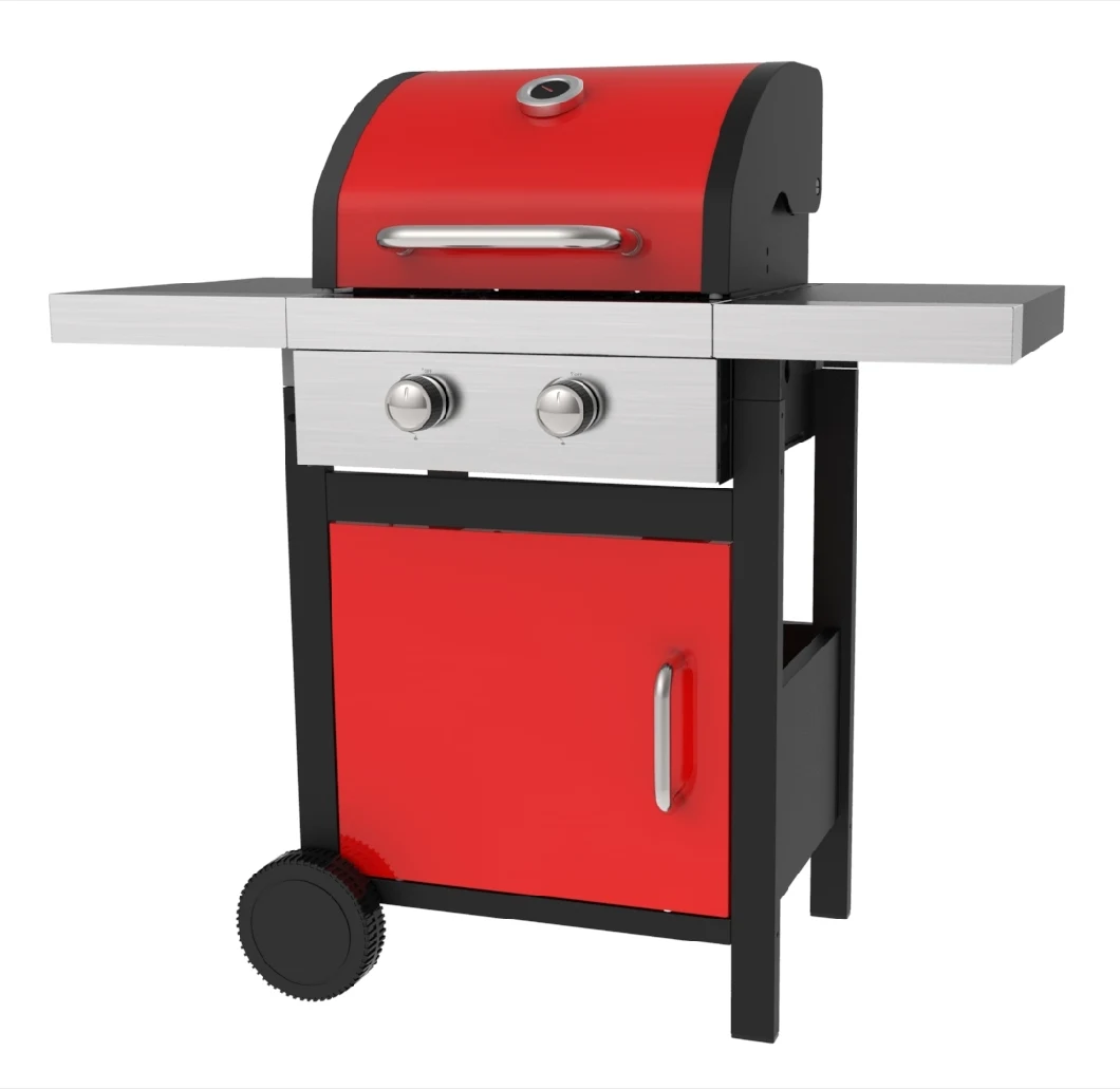Two Burners Gas Barbecue Grill with Trolley, Red Gas BBQ Grill, Kamado Grill with Ce, LFGB