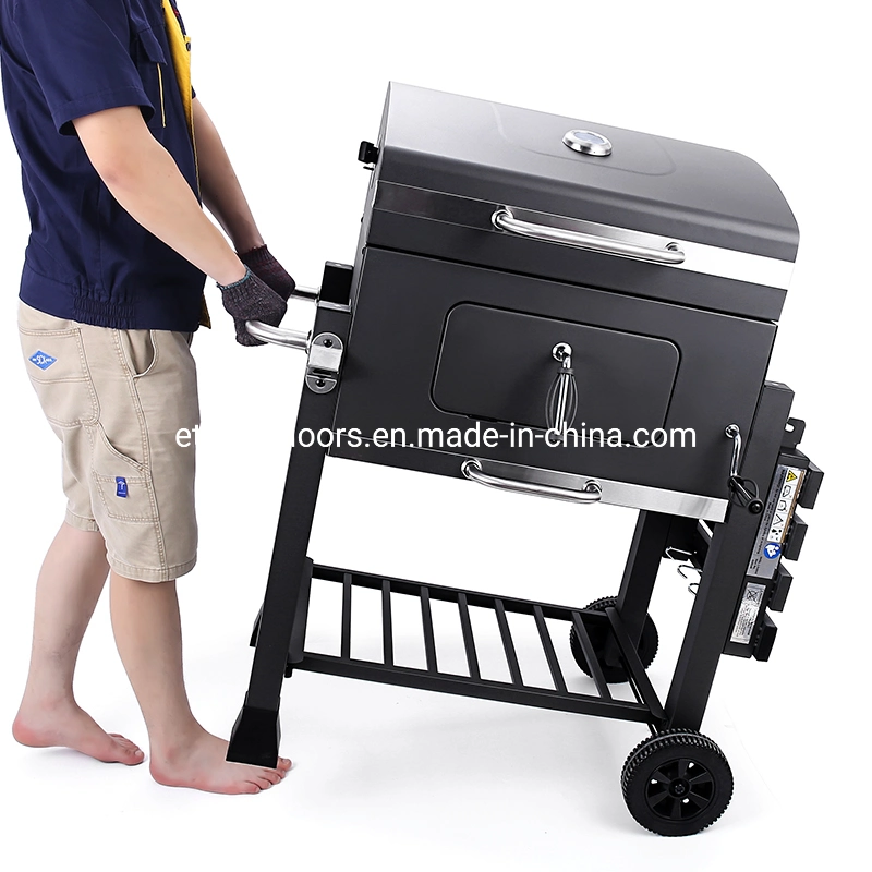 Garden Patio Charcoal Grill Portable BBQ Smoker Grill Square Trolley Cast Iron Grill