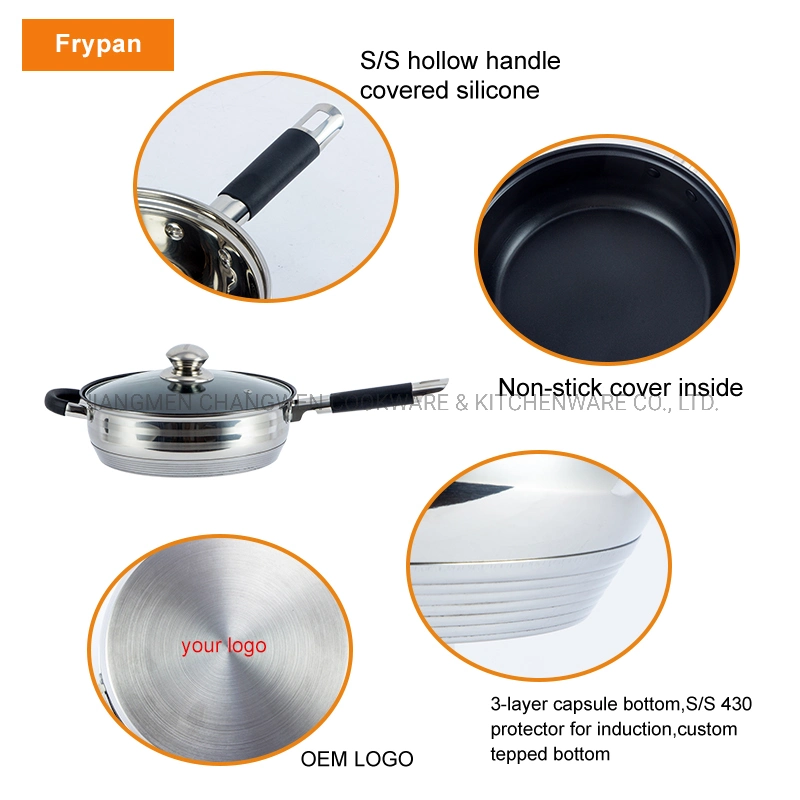 12PCS Belly Shape Stainless Steel Set of Pots with Non-Stick Frypan