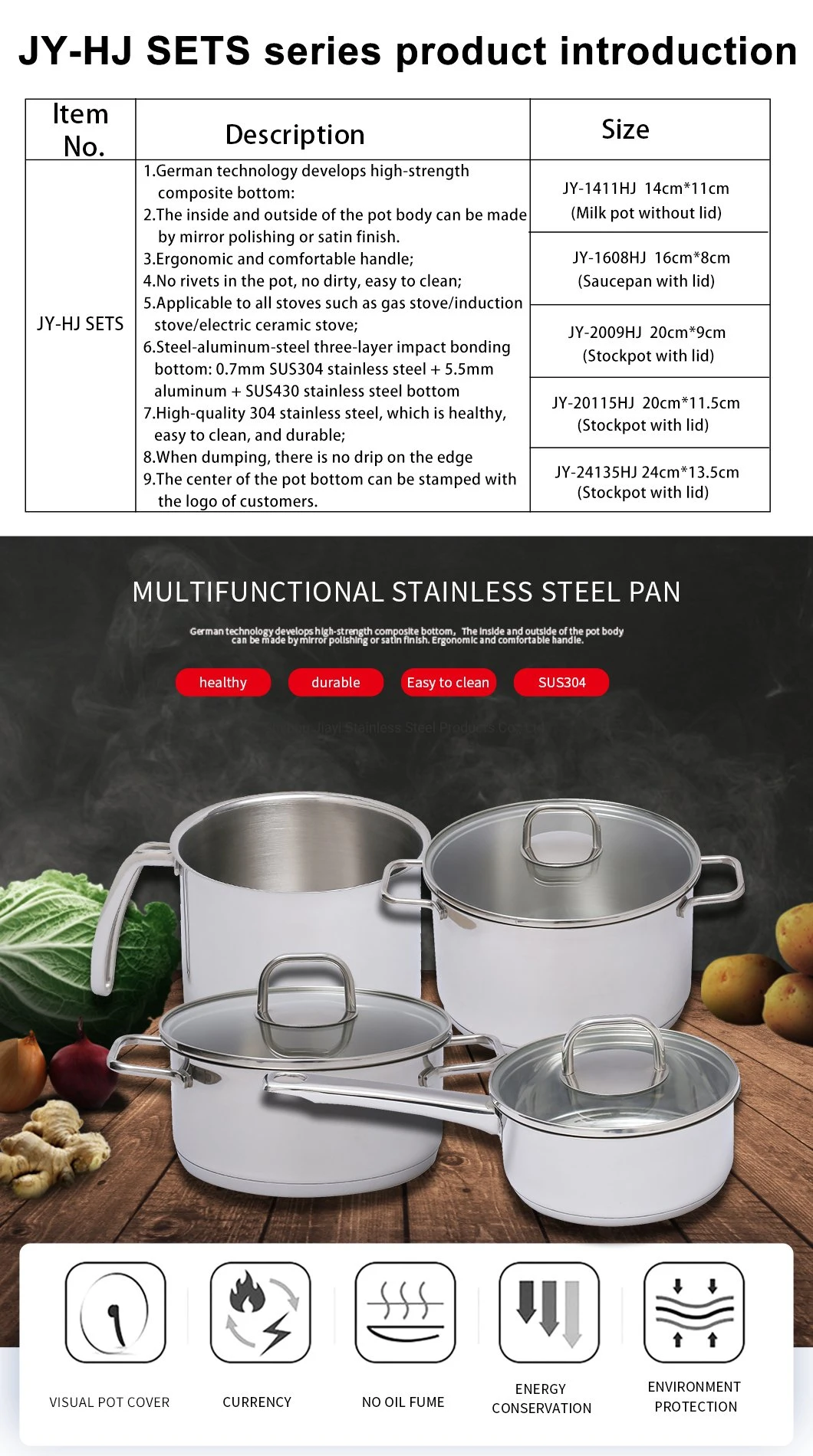 Household Stainless Steel 18/10 Saucepan with Glass Lids with Handle 3 in One Kitchen Set