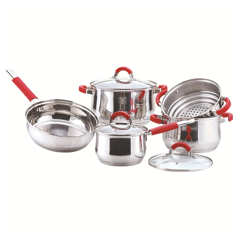 Red Silicone Handle Stainless Steel Cooking Pots Kitchen Ware Pot and Pan Set Cookware Sets