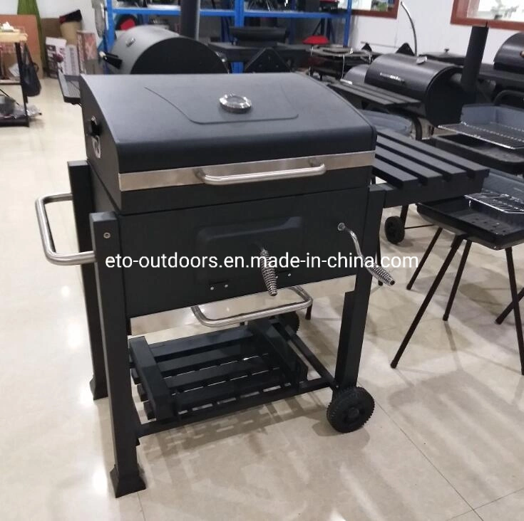 Garden Patio Charcoal Grill Portable BBQ Smoker Grill Square Trolley Cast Iron Grill